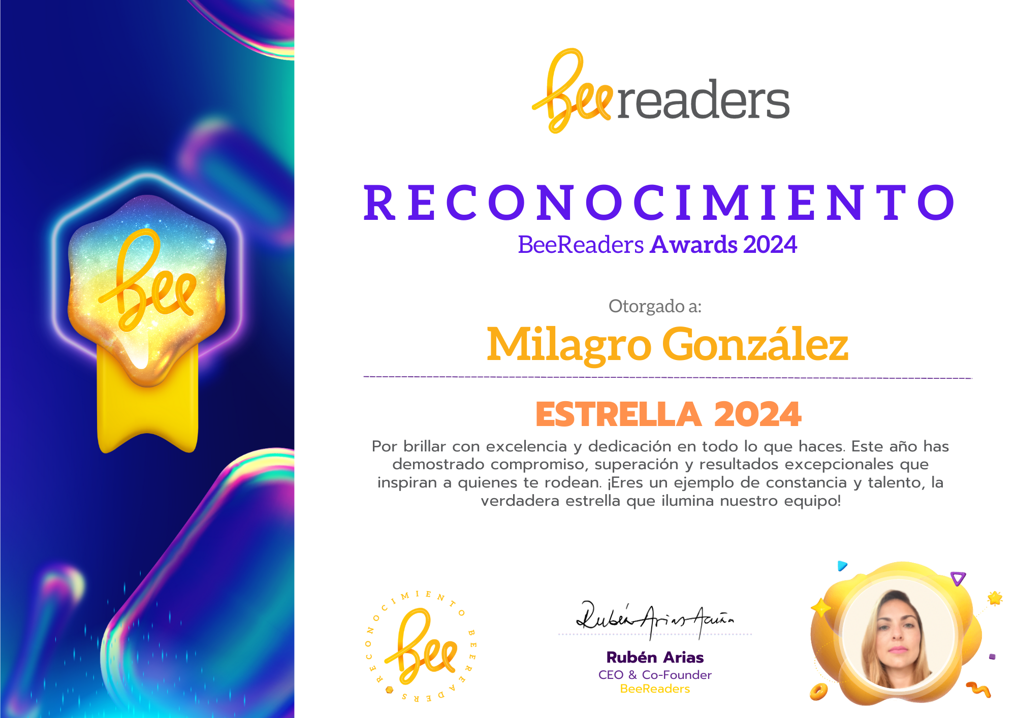 Certificado Premio a la Excelencia y Dedicación otorgado por BeeReaders
