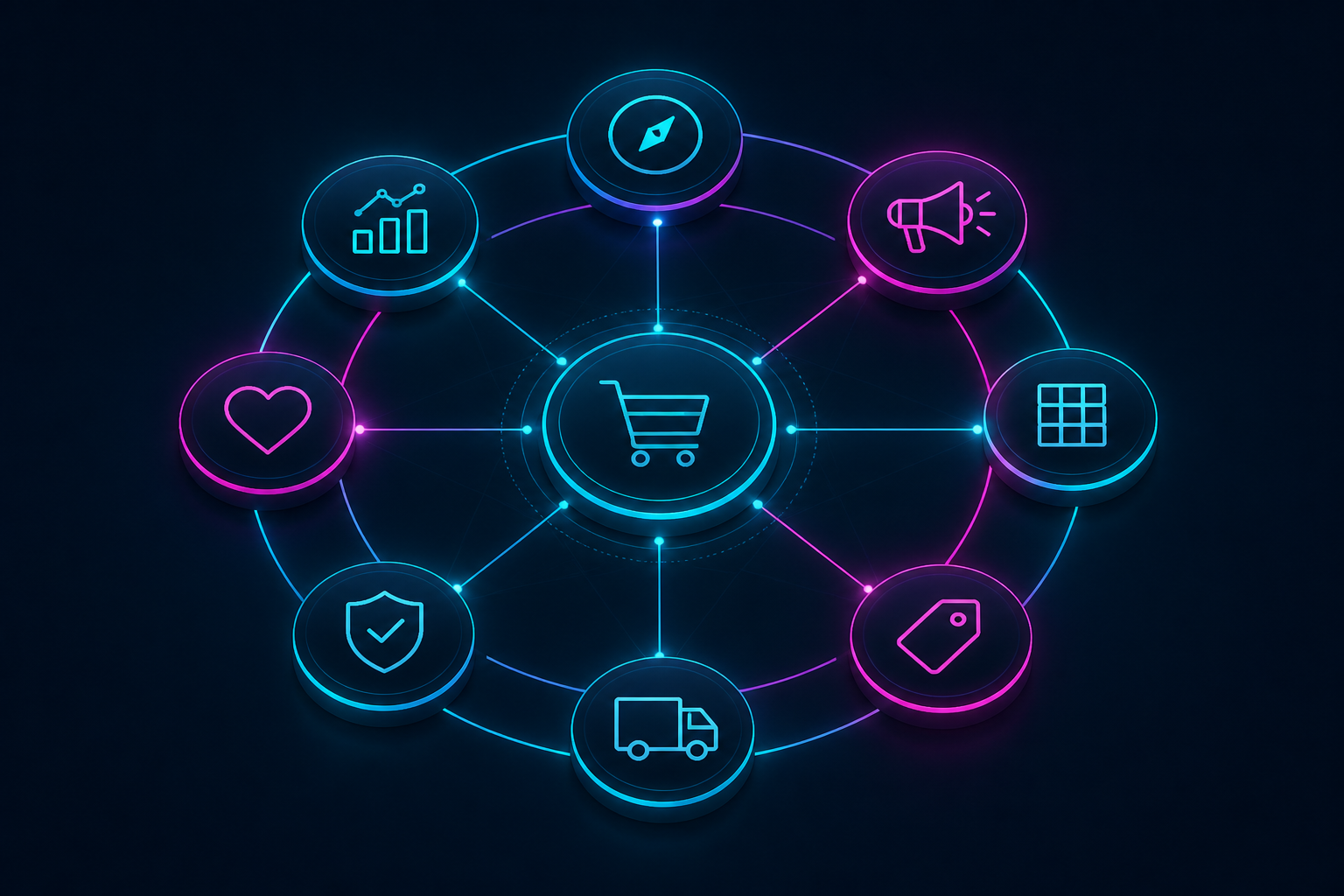 Visualización del framework eCommerce 360: ocho capacidades interconectadas alrededor de un núcleo central