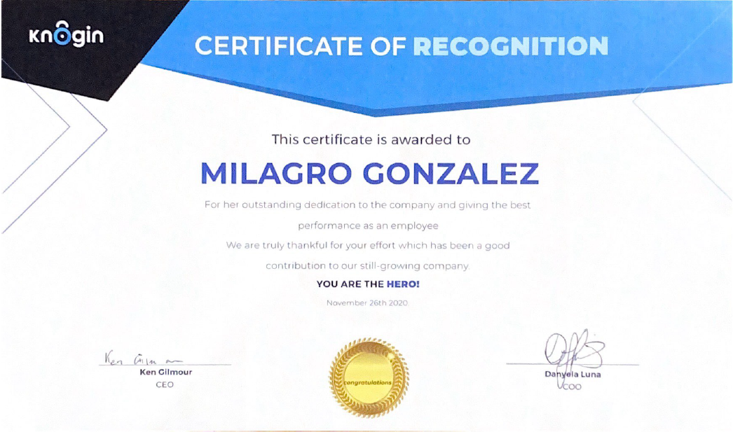 Certificado Premio al Mejor Desempeño y Contribución Organizacional otorgado por Knogin